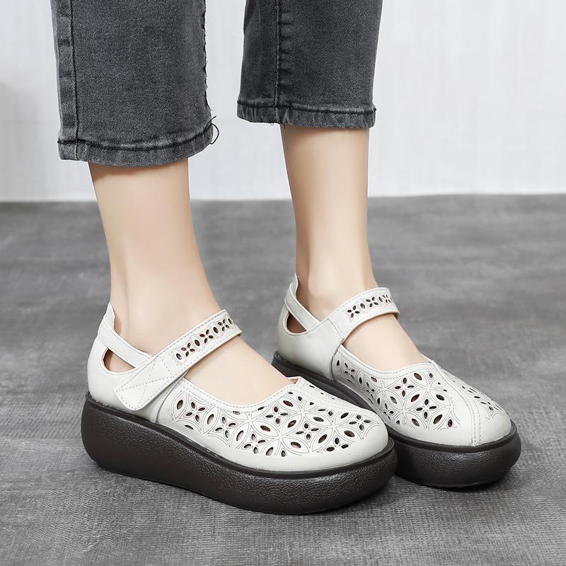 Fashion GKTINOO 2025 Spring Summer Hollow Genuine Leather Shoes Sandals Platform Increase Shoes Wedges High Heels Large Size Women Shoes