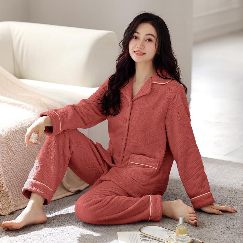 Coral fleece pajamas women's autumn and winter thickened fleece warm fat m plus size 55kg flannel loungewear set