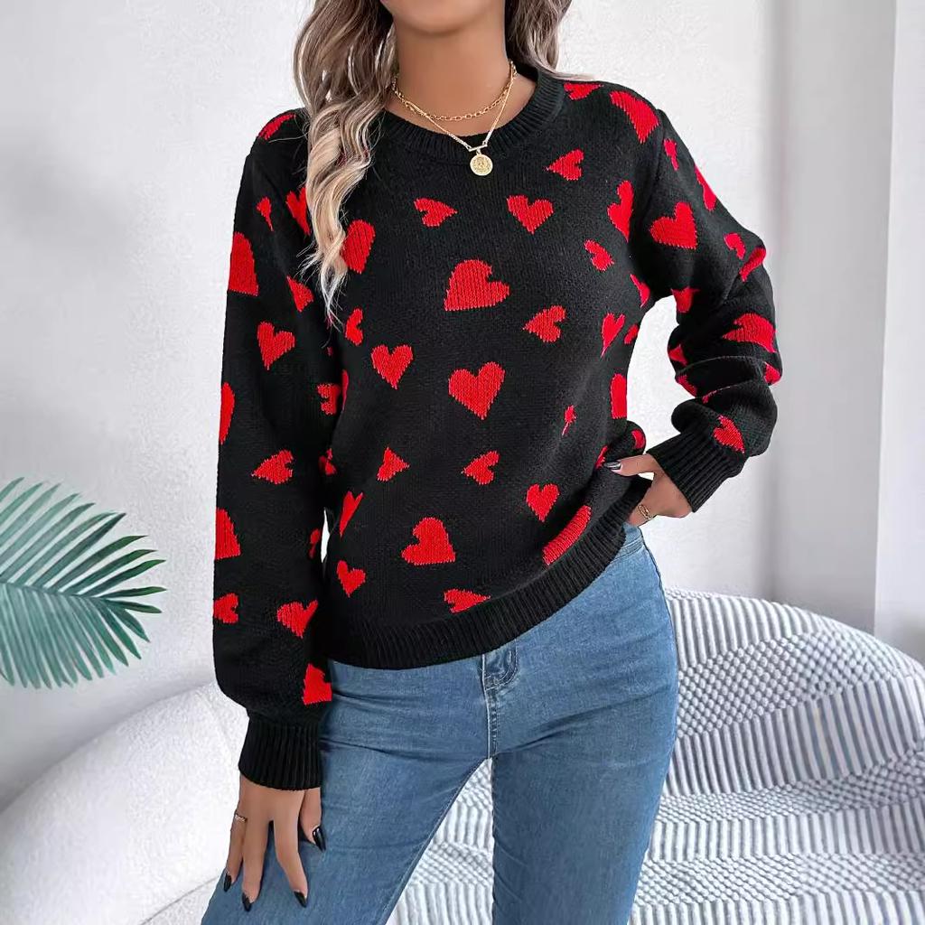 GMXIA Autumn and Winter Casual Color-blocking Heart-shaped Lantern Sleeve Pullover Sweater for Valentine's Day Women's Wear
