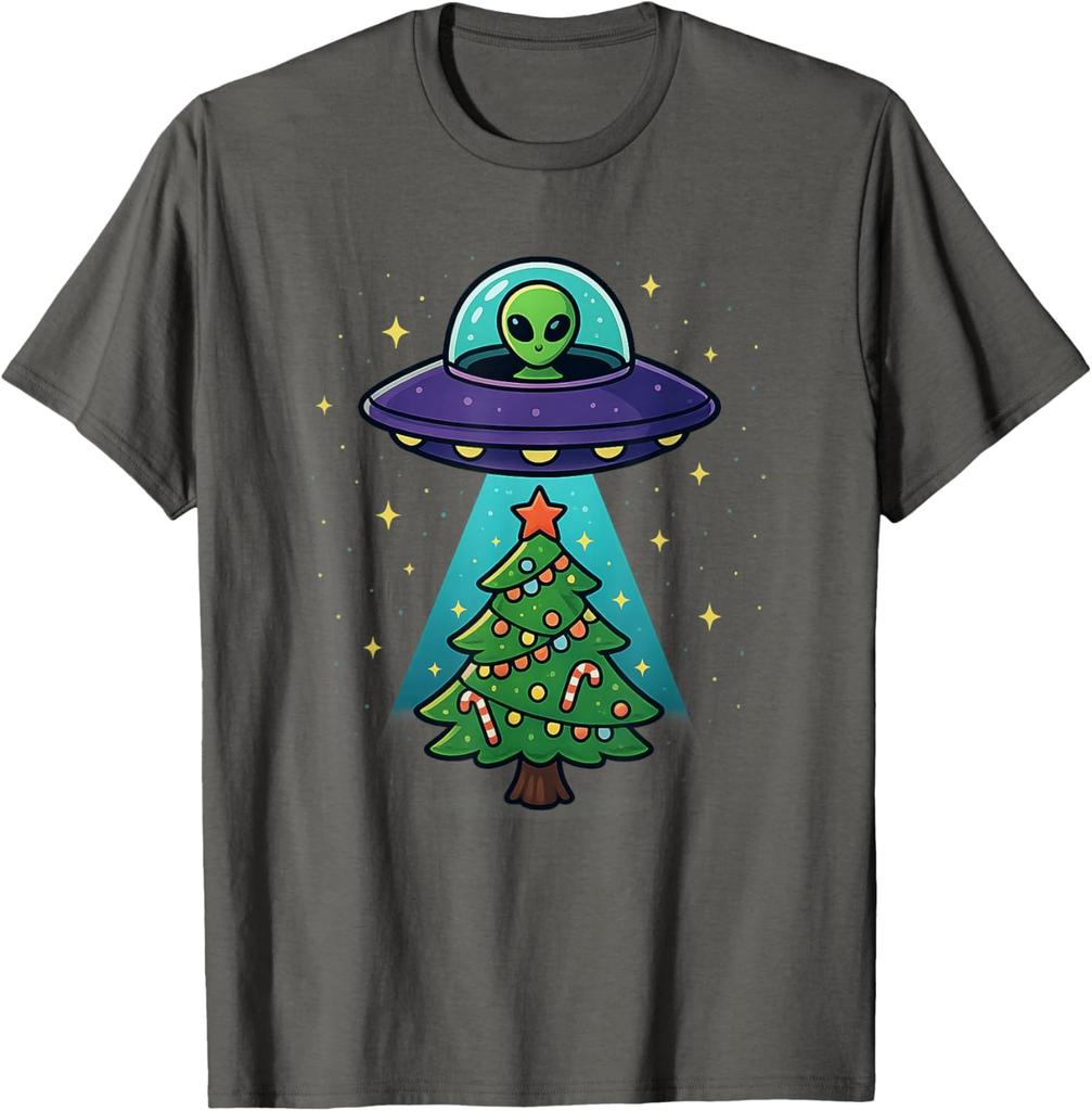 Alien UFO Abduction Christmas Tree Graphic Tee Funny Holiday Casual Cotton T-Shirt