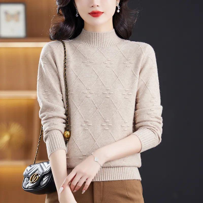 2025 New Thickened Warm Semi-turtleneck Knitted Sweater Women's Autumn and Winter New Solid Color Bottom Pullover Loose Knitted Sweater
