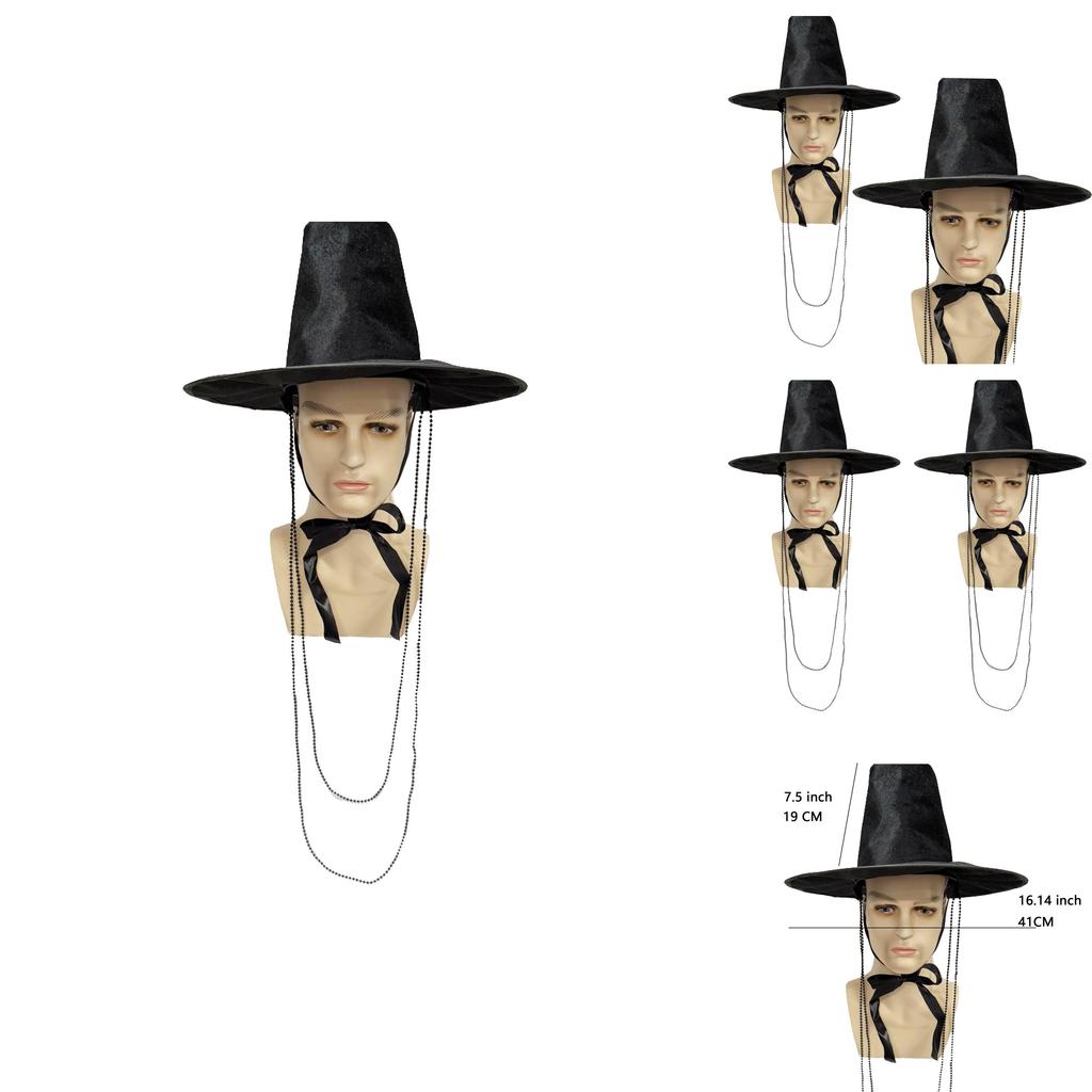 Traditional Korean Style Flat Top Hat With Pearl Chain For Cultural Performances And Themed Parties