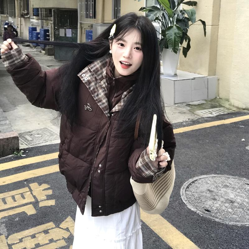 Winter Loose Plaid Patchwork Cotton Coat Women Double Layer Collar Puffer Jacket