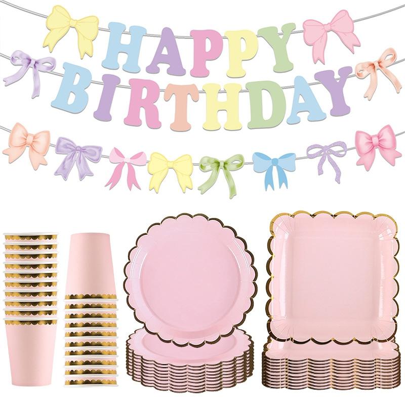 Disposable Cake Plate Paper Cups Tissue Paper Set Birthday Party Supplies Birthday Banner Ribbon Decoration Camping Tableware