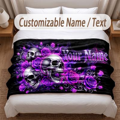 Skull Gothic Theme Soft Blanket Personalized Custom Name Text Print Warm Blanket Home Sofa Bedroom Decor
