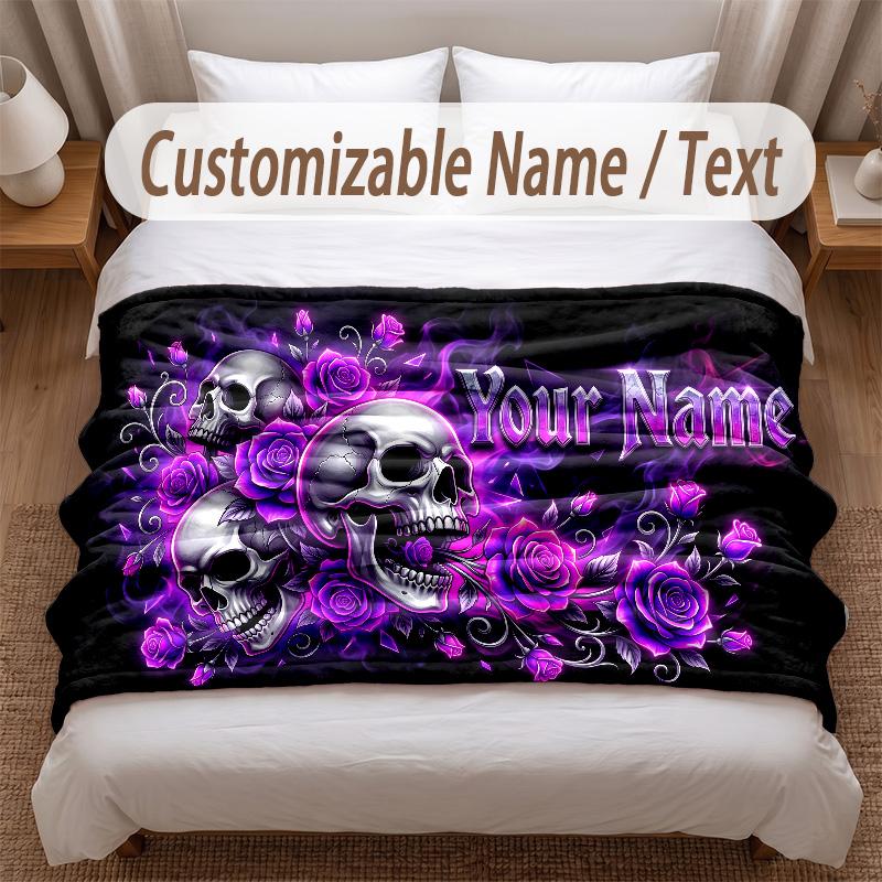 Skull Gothic Theme Soft Blanket Personalized Custom Name Text Print Warm Blanket Home Sofa Bedroom Decor