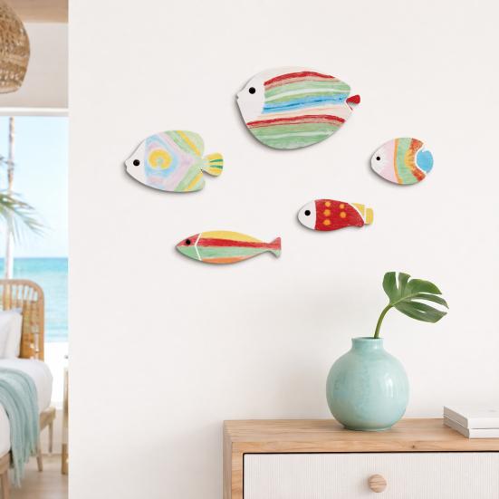 Children Room Fish Decor 5Pcs Wooden Wall Decor, Rainbow Striped Tropical Ornaments with 3D Art Embossed Texture, Lightweight Coastal Hangings