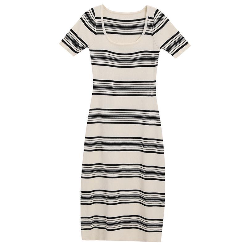 Women's French Retro Square Neck Striped Maxi Dress for Summer Vacation