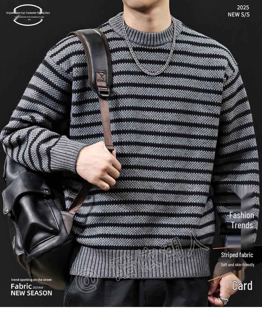 2025 Men's American-Style Striped Knit Sweater: Round Neck, Thick, Plus Size, Warm Autumn/Winter Layer