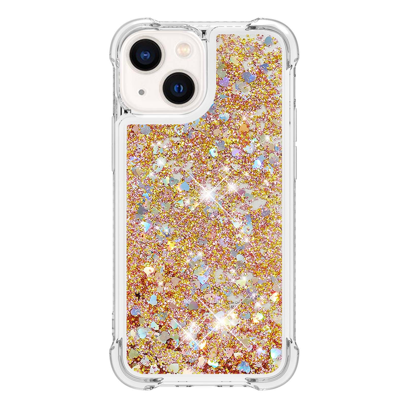 

For iPhone 15 Plus TPU Case Glitter Quicksand Shockproof Phone Back Cover Rose Gold/Hearts