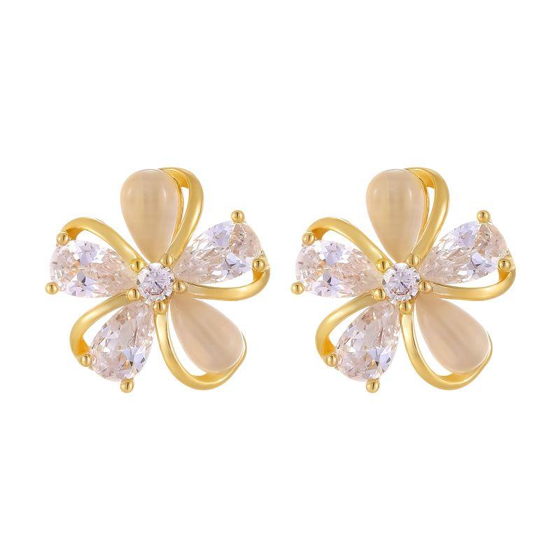 Gold Flower Zircon Ear Studs Women's Accessible Luxury Fancy Elegant Generous Earrings 925 Sterling Silver Needle Delicate Earrings Summer