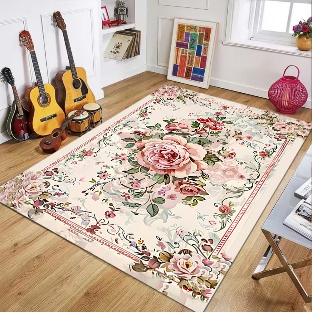 Tappeto Floreale Rosa Rosa Stile Francese Vintage Elegante Romantico Botanico Antiscivolo Arredamento Casa Country Farmhouse per Camera da Letto