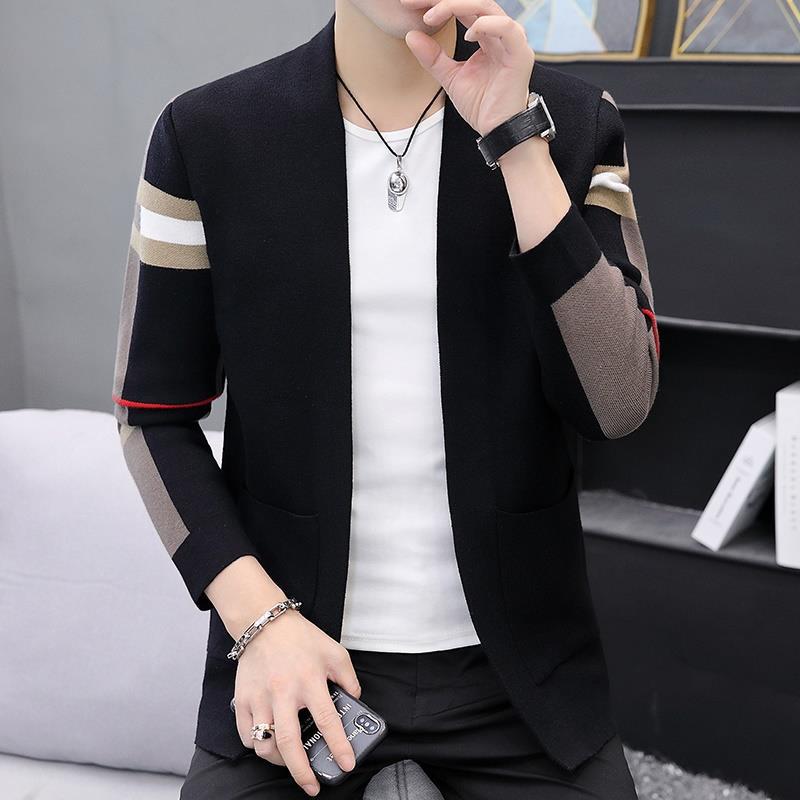 

Новинка осени и зимы, кардиган, мужской вязаный свитер, универсальный повседневный в полоску, модный и красивый мужской топ 195 чёрный