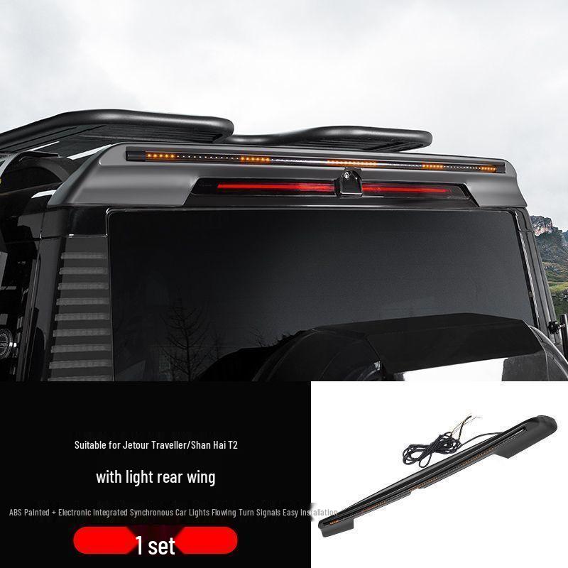 

Jetour Traveller Exterior Modification Kit: Sand/Stone Fender, Mountain/Sea T2 Fender, Black Warrior Tail Wing with Lights.