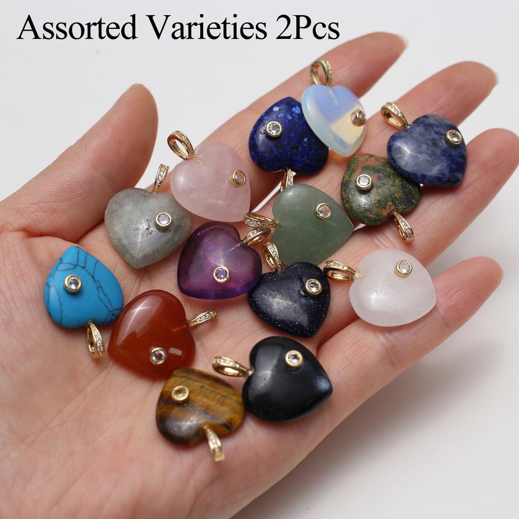 2Pcs, Natural Stone Heart Pendant with Artificial Diamond, Boho Reiki Healing Crystal Amethyst Agate Gemstone Charms for Jewelry Making DIY Necklace