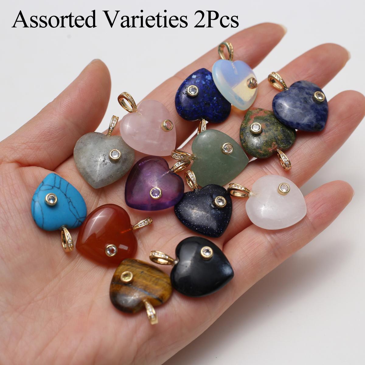 

2Pcs, Natural Stone Heart Pendant with Artificial Diamond, Boho Reiki Healing Crystal Amethyst Agate Gemstone Charms for Jewelry Making DIY Necklace 2Pcs/2×2.7cm