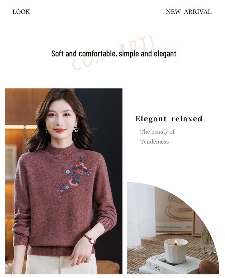 High-Grade Wool Sweater: Semi-High Collar, Fashionable Embroidery, Thick Knit for Middle-Aged/Elderly Women, Winter Warmth.