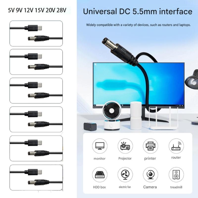 5.5x2.5mm Round End Power Cable with USB C Input, Center Positive Cord for Compatible Equipment, 1 Meter Length