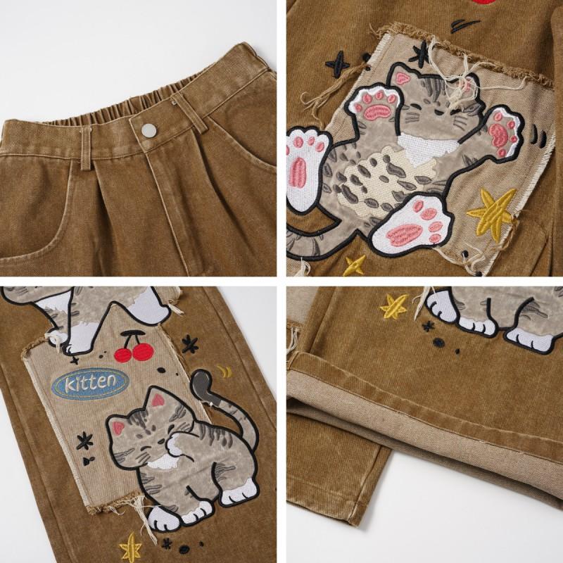 Amerikanische Retro Süße Katze Print Jeans Unisex Gespleißte Patchwork Abgenutzte Weite Hosen Lässige All-Match Lange Hosen