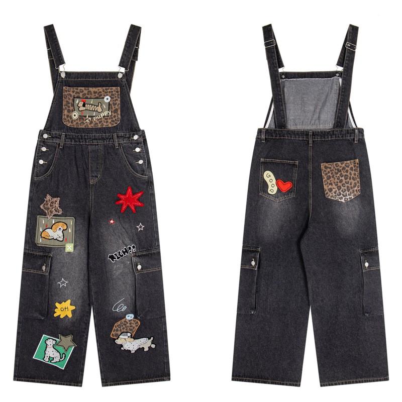 American Vintage Denim Overalls Men Women Leopard Patchwork Loose Wide Leg Embroidery Casual Jeans
