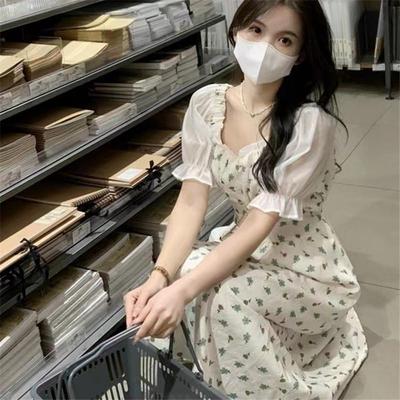 Puff Sleeve Skirt Floral French Dress Women's Summer New Square Collar Short Sleeve Waist-hugging To Make You Look Thin
