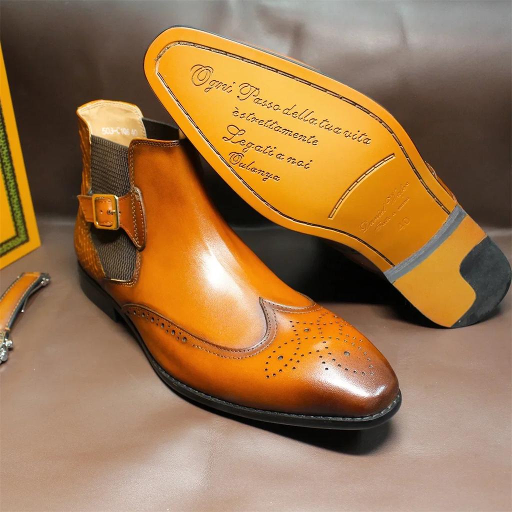 Men's Vintage Chelsea Ankle Boots Handmade Genuine Leather High Top Slip-On Brogue Dress Shoes Warm Winter Footwear