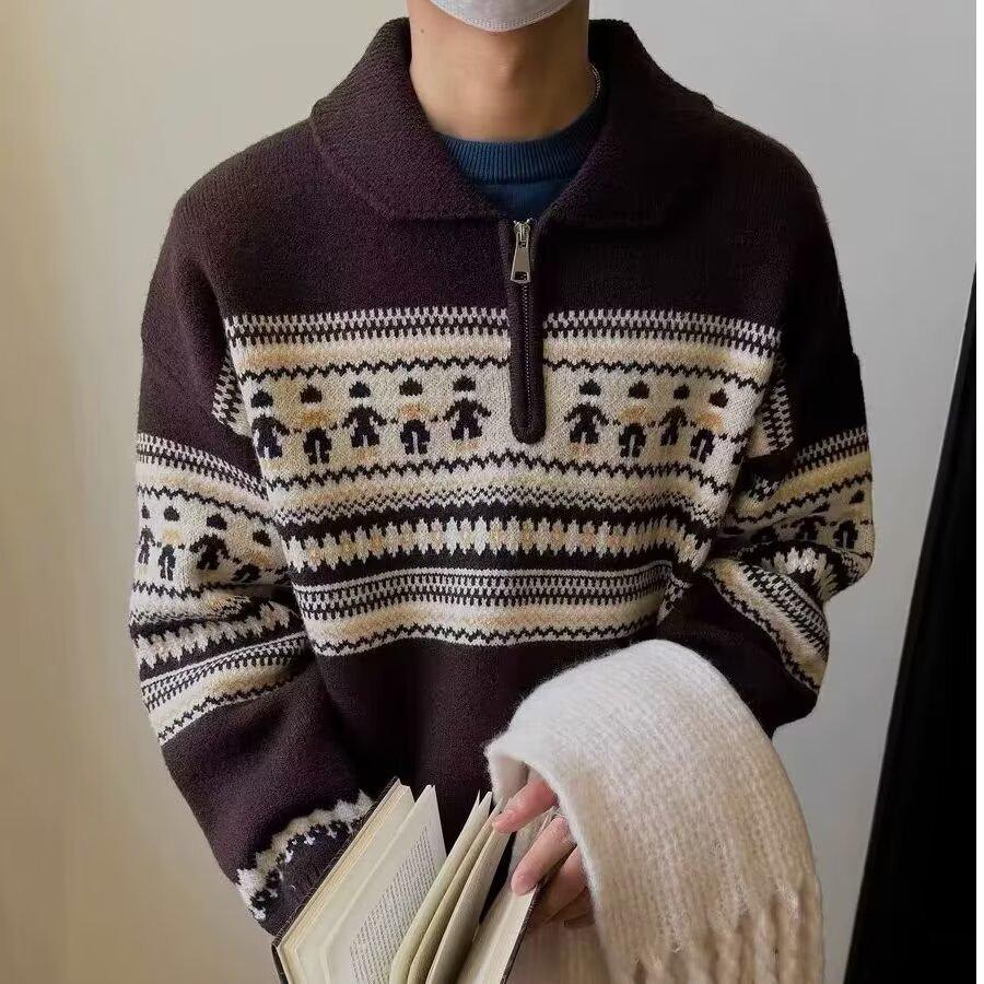 

Men s New Year Red Korean Style High-End Half-Zip Knit Sweater - American Retro Autumn/Winter Collection XXL кавовий