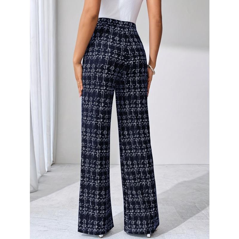 [Stretchy Flare Pants] High-Waisted Stretchy Women's Black and White Plaid Flare Pants | Casual Pants for Spring/Summer/Fall | Glossy Finish Pant