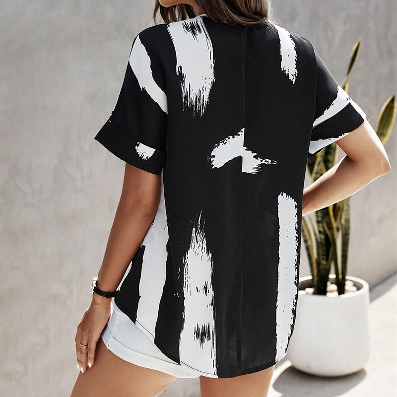 Ladies Summer Short Sleeve Lapel Color Block Pullover Shirt Top
