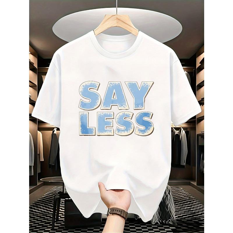 European sizes Men's SAY LESS Graphic TShirt Distressed Streetwear Tee with Blue Lettering Black Casual Round Neck Short Sleeve Shirt Size