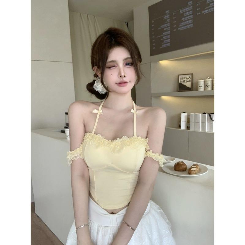 Cotton Pure Wind Lace One-line Shoulder Hanging Neck Bow with Chest Pad Small T-shirt Female Summer Spice Girls Wear Outside