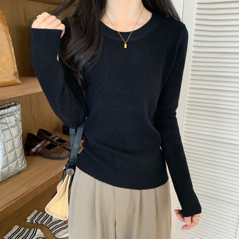 Jednobarevný Slim Minimalistický Top Dámský Pletený Svetr Jaro Korejský Styl Elegantní Základní Vrstva Dlouhý Rukáv Zeštíhlující Košile