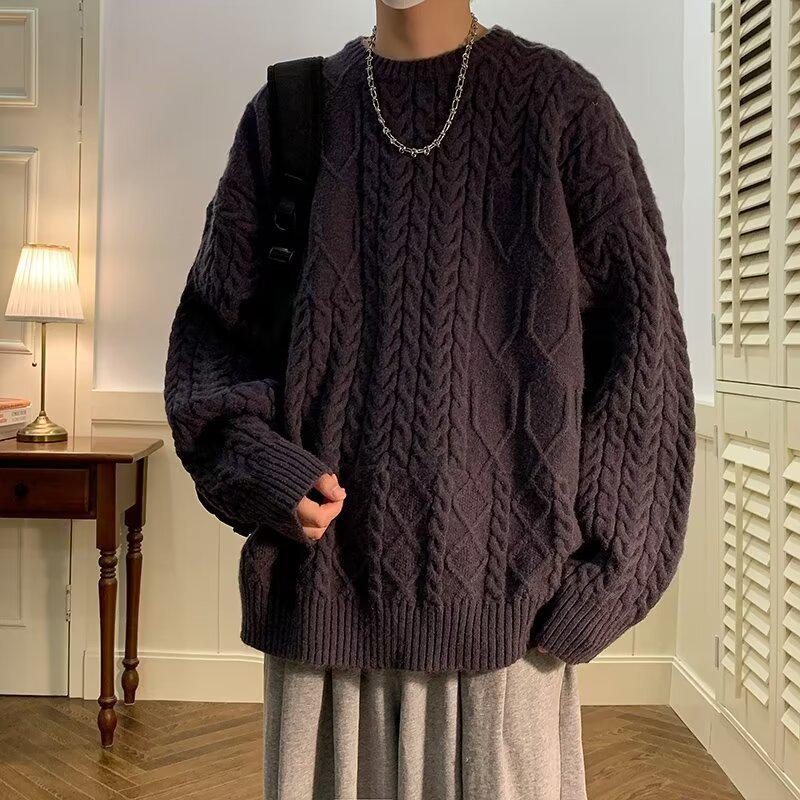 Men's Trendy Japanese Twisted Knit Sweater - Loose, Thickened, Round Neck for Autumn/Winter.