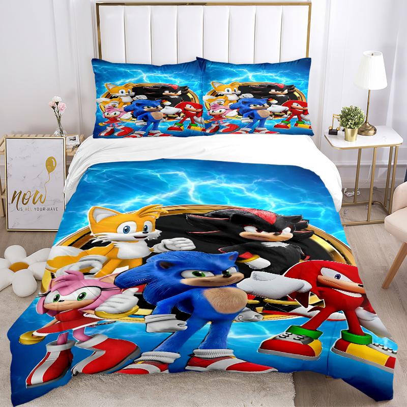3pcs Sonic the Hedgehog Home Bedding Set-Universal Three-Piece Suit for Bedroom, Guest Room, Living Room, Hotel-Perfect Gift for Fans, Trave