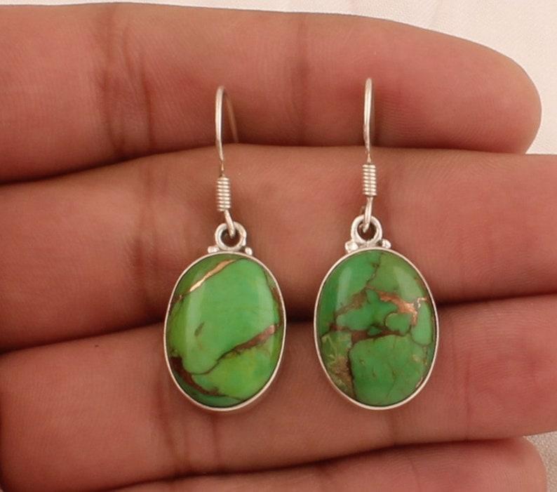 Solid 925 Sterling Silver Green Copper Turquoise Oval Gemstone Handmade Dangle Earring Women Jewelry