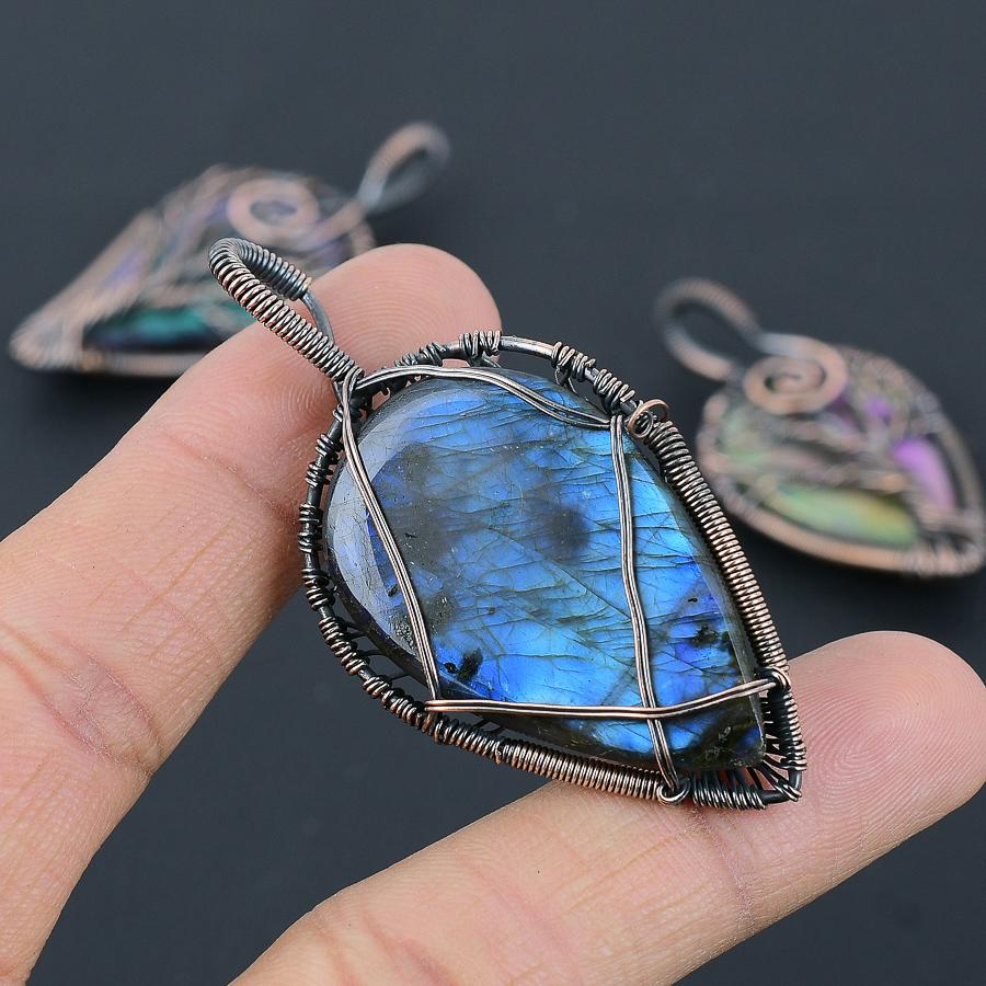 Natural Tree Of Life Labradorite Gemstone Copper Wire Wrap Pendant 2.56" h5Z62
