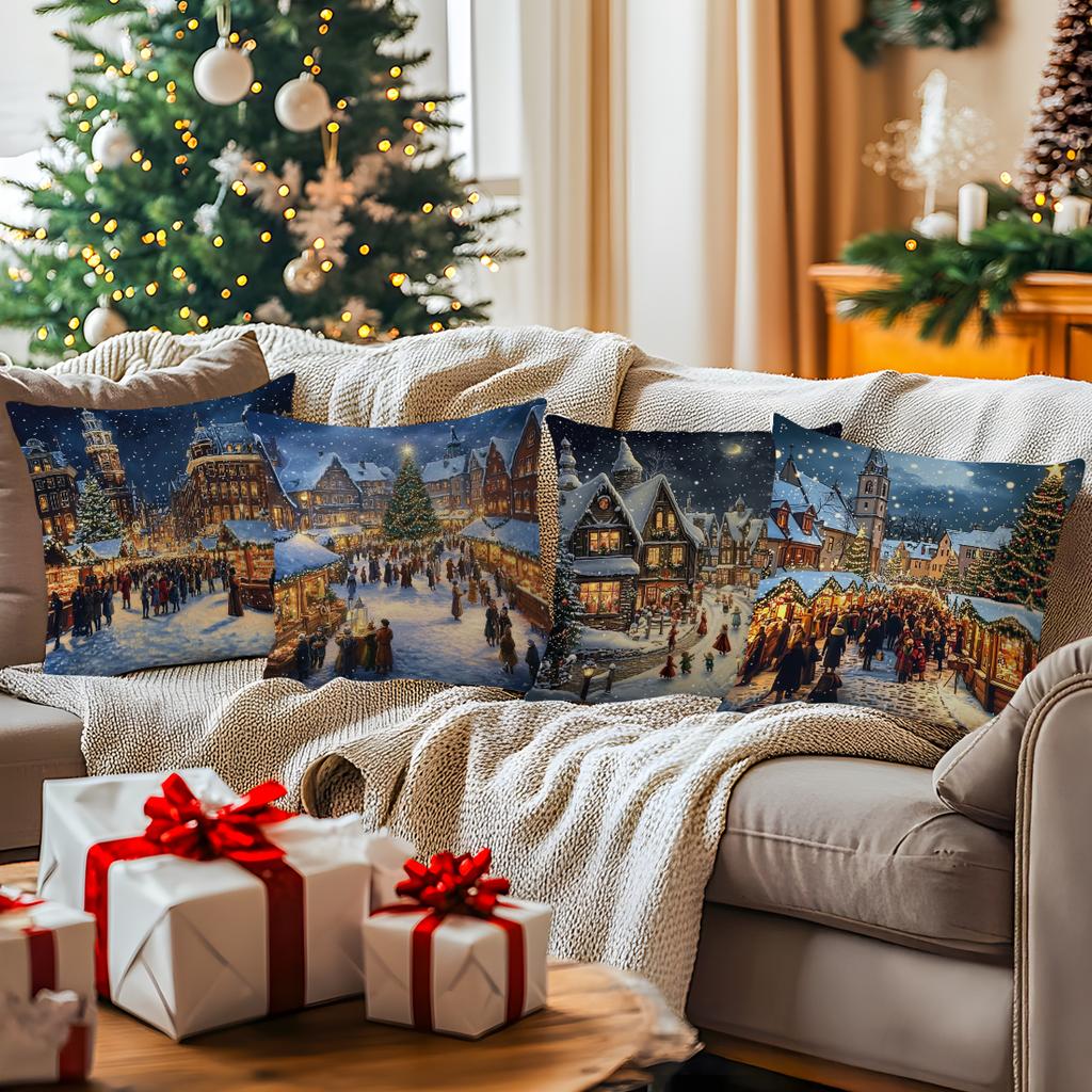 Christmas City Night View Cushions Pillowcase Polyester Cushion Cover Throw Pillow Pillowcover Home Car Sofa Decor