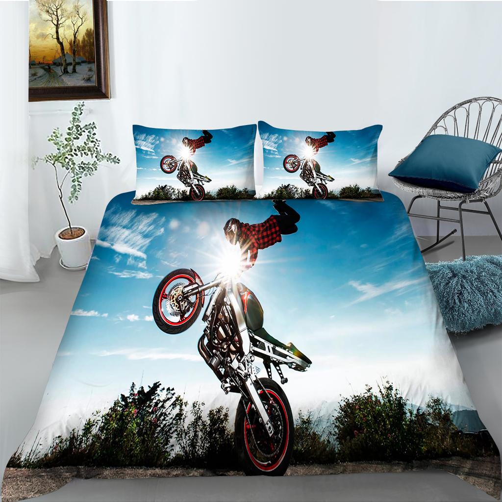3D-Motorrad-bedrucktes Bettwäsche-Set im Industrie-Stil, Bettbezug, Kissenbezug-Set, Einzel-/Doppelbett, für Jungen und Jugendliche, cooler Bezug