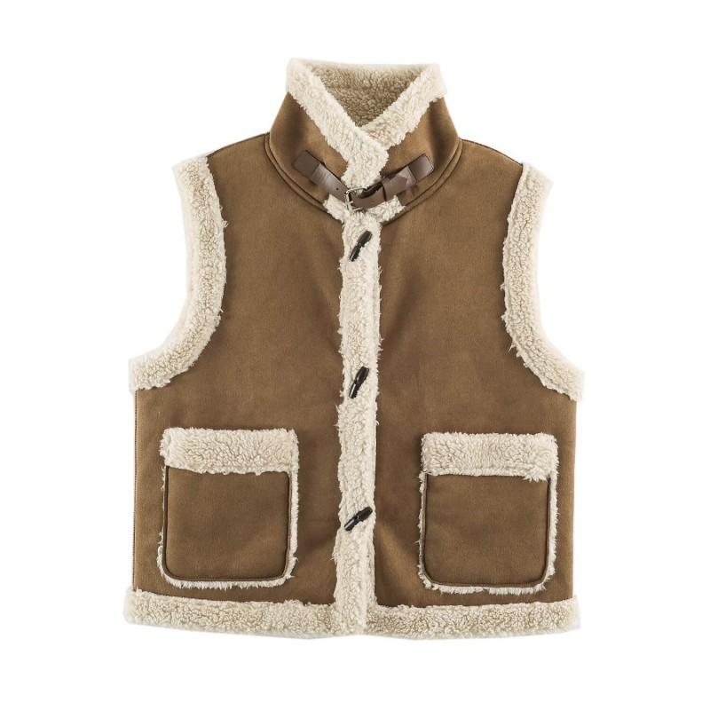Womens Faux Suede Sherpa-Lined Stand Collar Biker Vest Sleeveless Streetwear 2026