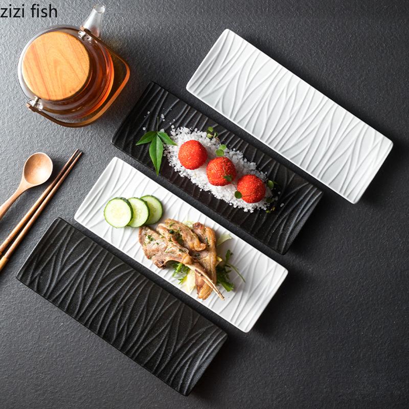 Assiette longue en céramique à texture relief de couleur unie, assiette à sushi, assiette à dessert, assiette à oiseaux rôtis, nourriture moléculaire, vaisselle créative