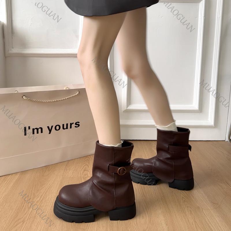 Fashion Retro Thick Bottom Pleated Wrinkled Women Ankle Boots Height Increase Versatile Casual Women Shoes Solid Thick High Heeled Botas