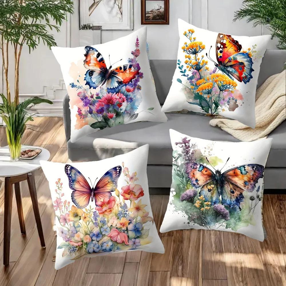 Home Decor Colorful Butterflies With Floral Watercolor Design Pattern Cushion Cover Suitable For Sofa Bedroom Car Pillow Cover