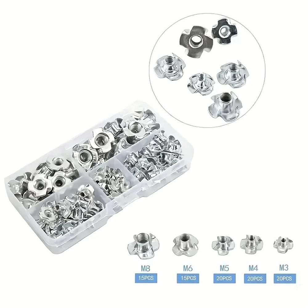 90Pcs M3 M4 M5 M6 M8 Carbon Steel T-Nuts Four Pronged Tee Nut Assortment Kit Set