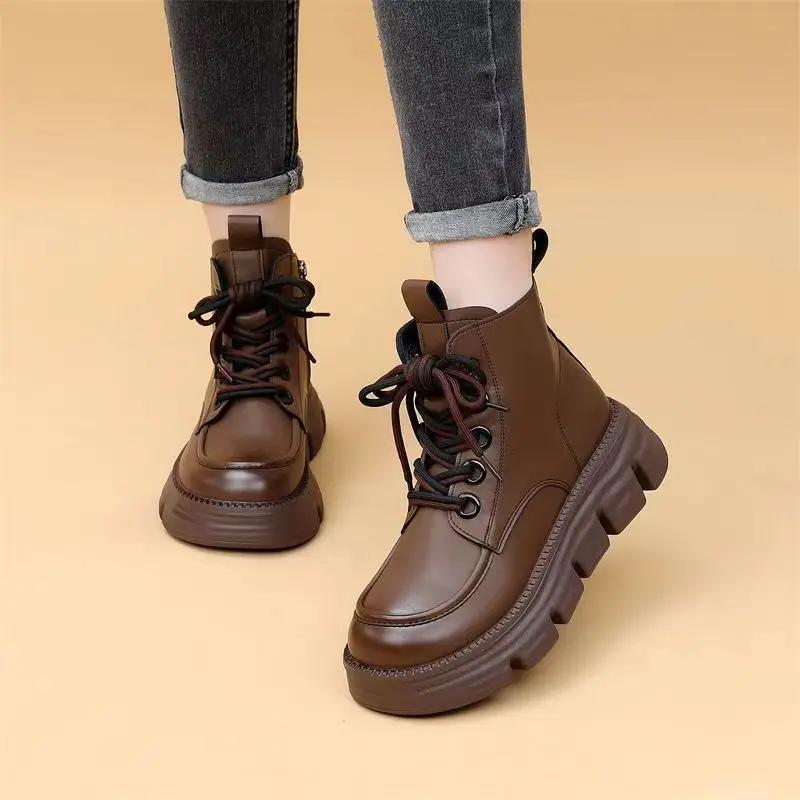 Fashion Punk Style Combat Chunky Booties with Laces Women's Ankle Boots Round Toe Leather Female Short Shoes Platform Lace-up On Offer