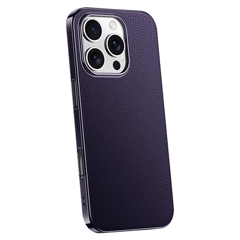 For iPhone 16 Pro Case Electroplating Genuine Cow Leather+PC Drop Resistance Phone Cover