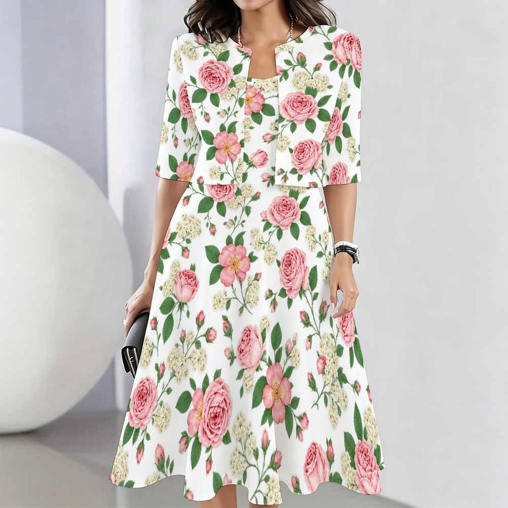 Women Plus Size Two Piece Set Round Neck Sleeveless Flared Dress Mid Sleeve Cropped Cardigan Blue White Floral Printed