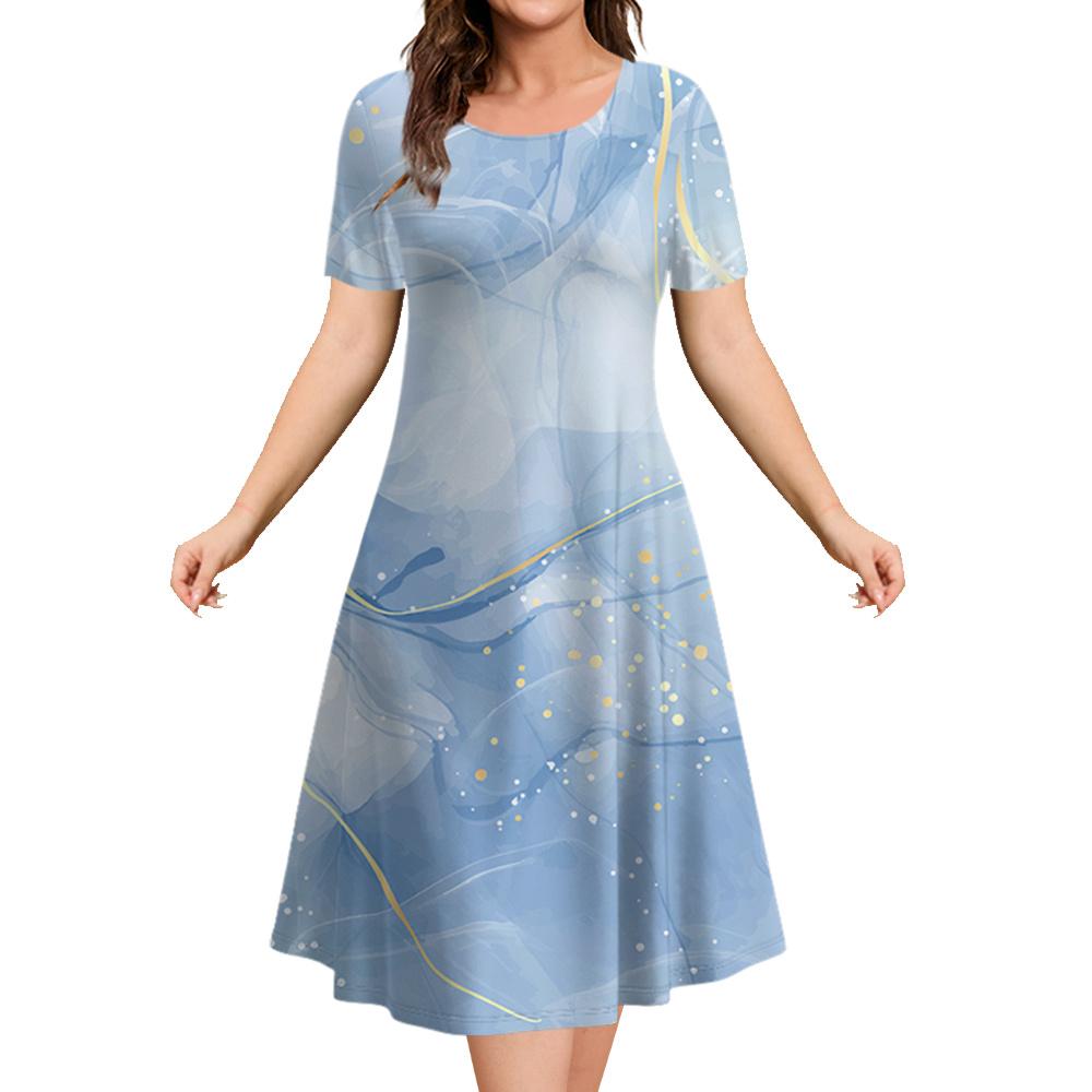 2026 New Summer Loose A-line Dress 3D Printing Short-sleeved Women's Evening Dress Women's Elegant Fashion Round Neck Dress