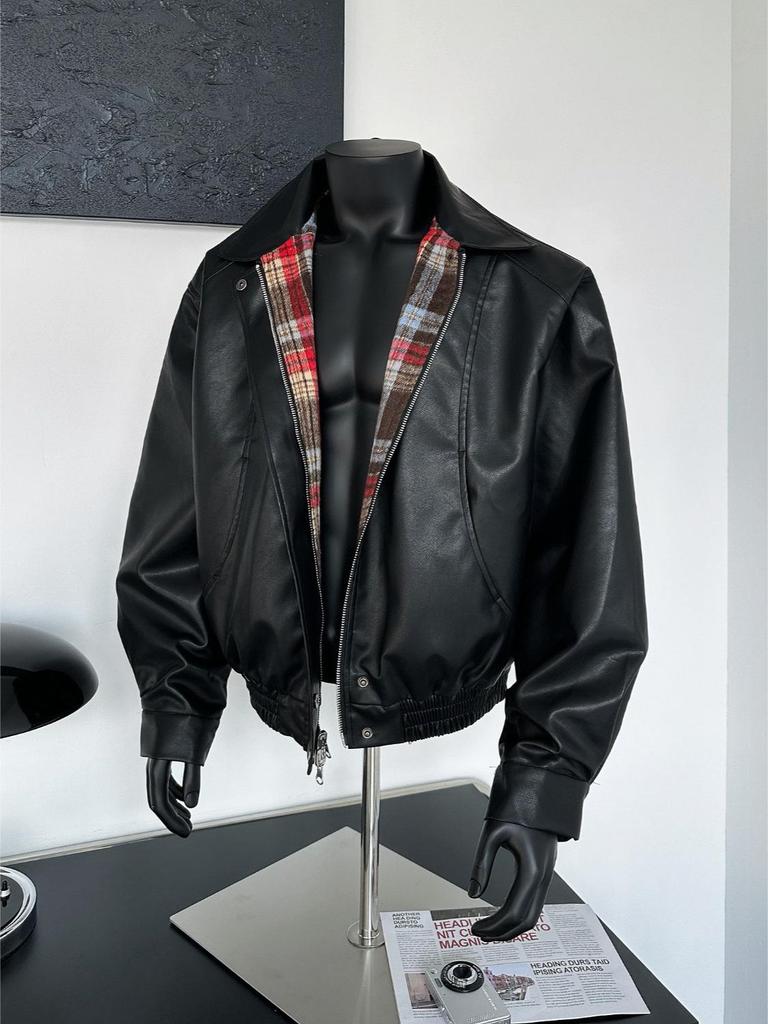 Men's Retro Loose Plaid Reversible PU Leather Jacket - Trendy American Spring/Autumn Outerwear