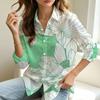 Women's Lapel Long Sleeve Blouse with Lotus Line Print, Elegant Daily Top