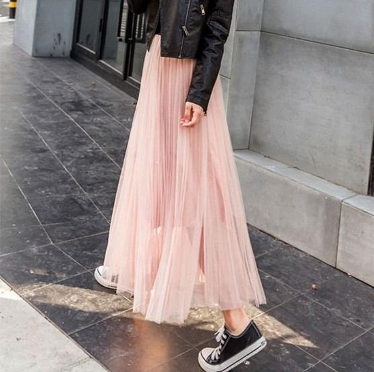 Vintage Tulle Skirt Women Streetwear Elastic High Waist Mesh Pleated Skirts Summer Elegant Korean A Line Office Ladies Skirt